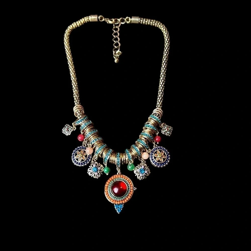 Gold Tone Necklace W/ Jewel Tone Beaded & Rhinestone Charms and Medallions - Picture 1 of 16